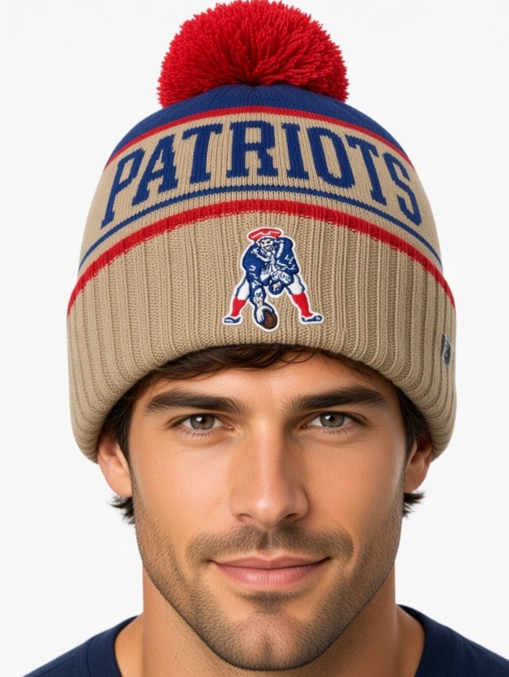 New Nfl New England Patriots Tan Red Pom Beanie Hat - Official Team Knit